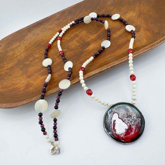 Vintage Handmade Enamel Sterling Silver Artisan Mother of Pearl Bead Necklace - Picture 1 of 14